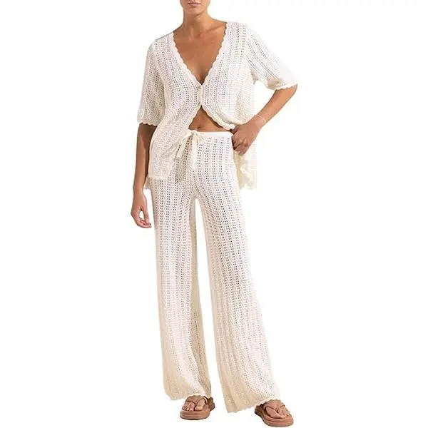 TANKANEO Women's Summer 2 Piece Swimsuit Cover up Crochet Knit Cardigan Tops Long Pants Set Bathing Suit Beach Outfit