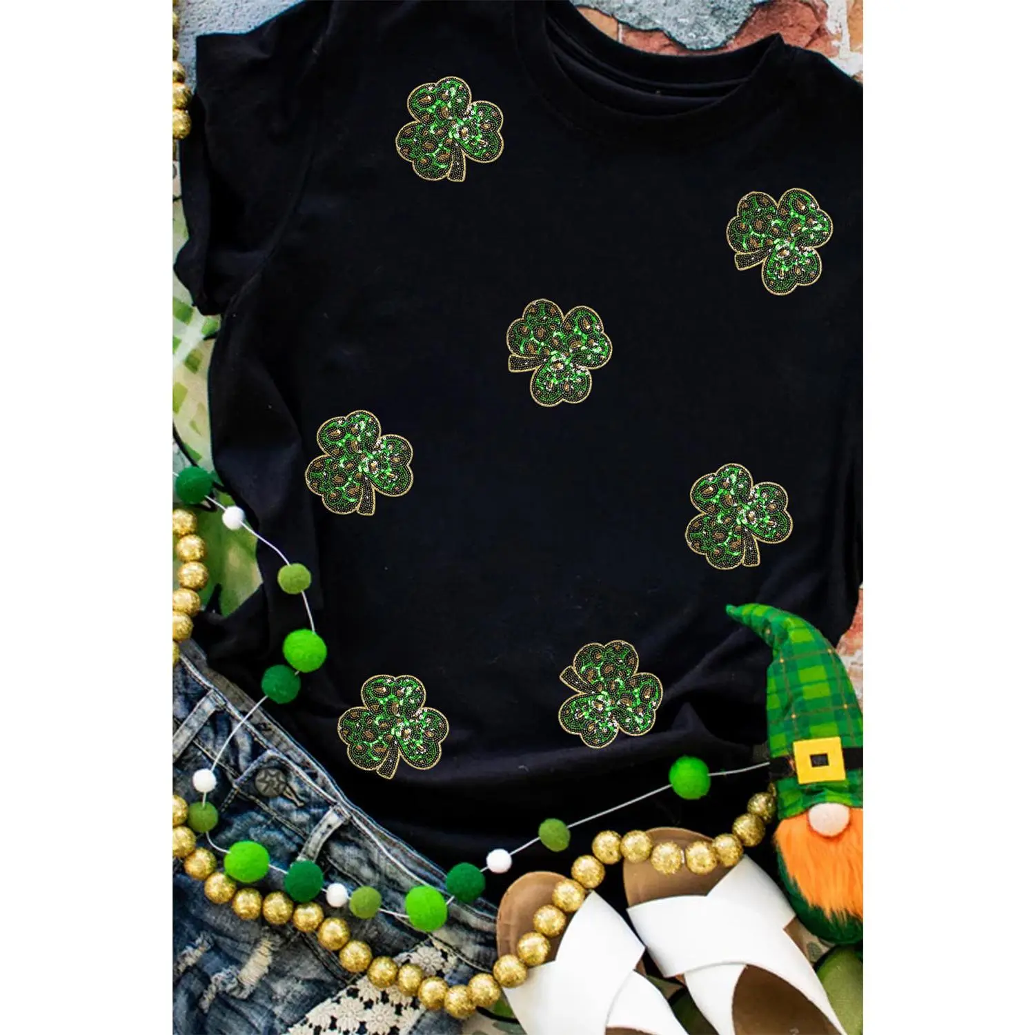 Black Sequin Leopard Clover Graphic Crewneck St Patrick Tee