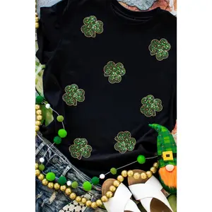 Black Sequin Leopard Clover Graphic Crewneck St Patrick Tee