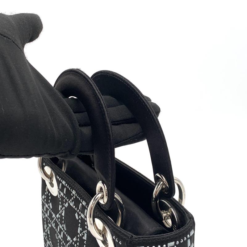Pre-owned DIOR Satin Handbag Lady Bag Crystal Embellished Cannage Quilt Mini Black #1954