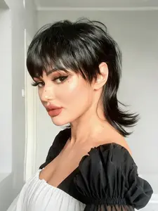 2026 Short Brown Wigs Shaggy Layered 80s Mullet Wig Pixie Cut Wig With Bangs Curly Synthetic Hair Natural Look Fake Hair Replacement Wigs for Women Daily Use Party Cosplay Halloween Natural Black Heat Resistant Fiber
