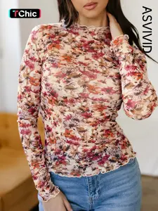 Women's Casual Slim-Fitting Lettuce Trim Floral Print Mesh Long Sleeve Top, Perfect for All Seasons, Stylish Daily Wear