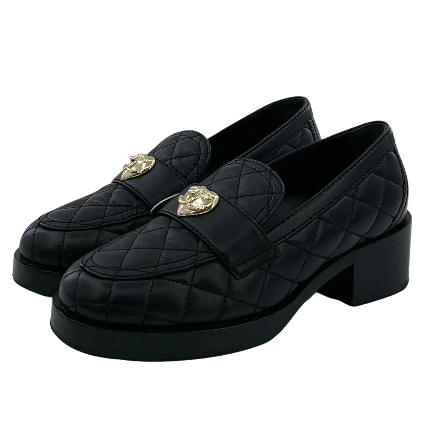 RDLT-Chanel size 35.5 black quilted double C heart logo block heel loafer shoes-H37737