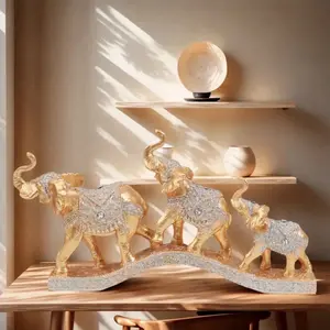Luxurious Gold Elephant Family Sculpture Set with Crystal Accents