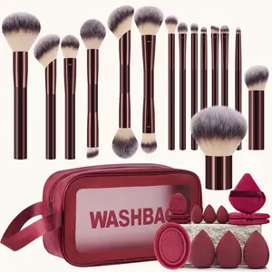 29PCS All-In-One Professional Makeup Tools Set with Waterproof Multi-Functional Zipper Cosmetic & Toiletry Bag, 15PCS Makeup Brushes, 3+3PCS Makeup Sponges, 3PCS Triangle Powder Puffs, 3PCS Mini Air Cushion Powder Puffs & Makeup Brush Cleaning Tool, Flawl