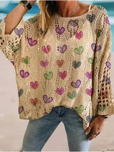 Spring and summer round neck diamond hollow batwing sleeve knitted cardigan, loose drop shoulder, figure-flattering with heart print, bikini cover-up top, suitable for commuting and vacation.