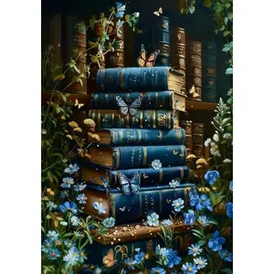 5D Full Drill Diamond Painting Kit Dark Academia Floral Books Stack Art, Vintage Botanical Butterfly DIY Home Wall Decor Craft 1/2/4/9PCS