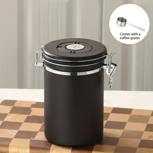 Coffee canister, stainless steel coffee bean storage container with date tracker and spoon, kitchen food container for grinding coffee, beans, tea powder, grains, sugar1500ml | black) Tin