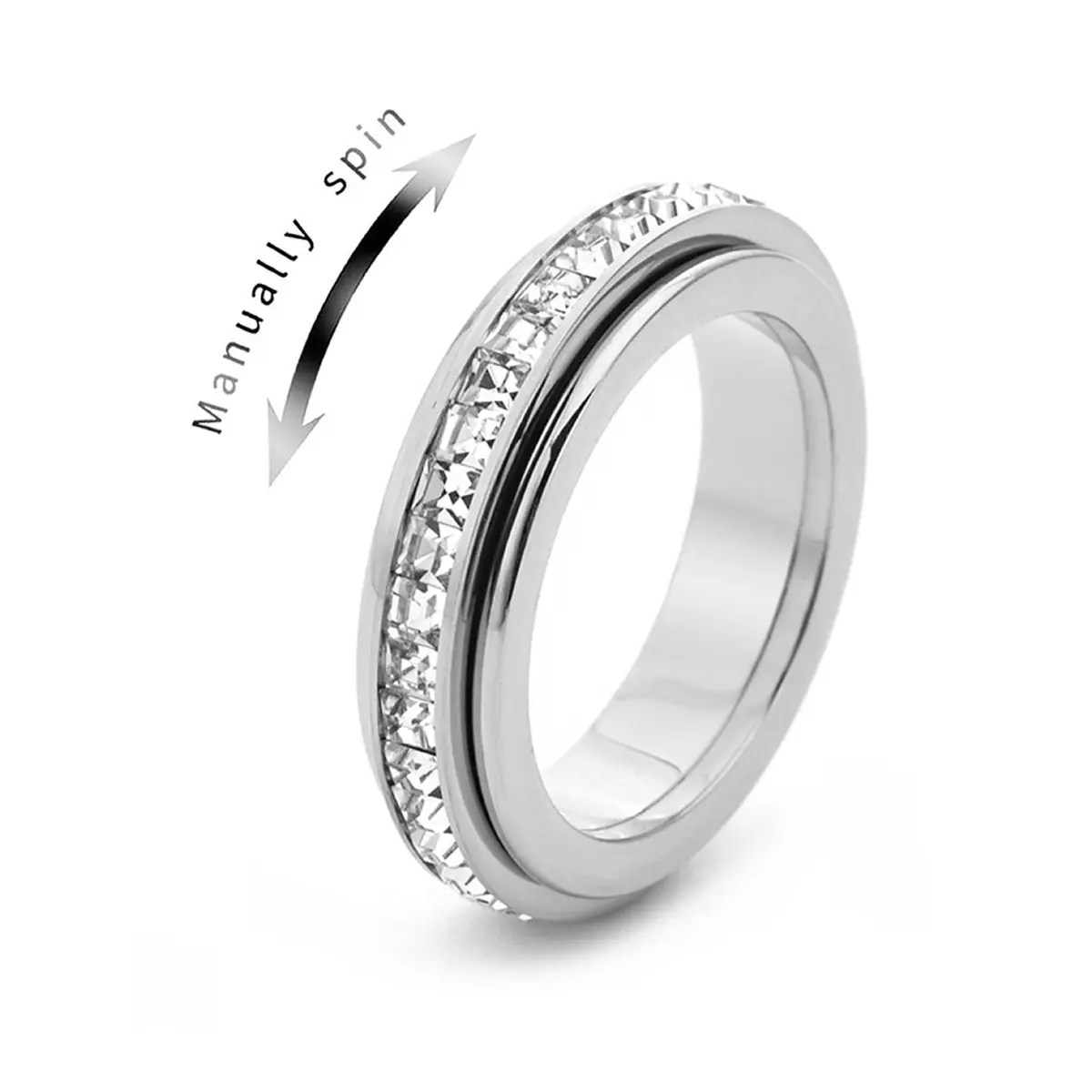 Spinning Ring - Women's Stainless Steel Fidget Spinner Stress-Relieving Ring, Set with Cubic Zirconium Oxide, Relieves Anxiety, Suitable for Wedding Promise or Lucky Ring, Sizes 7-9