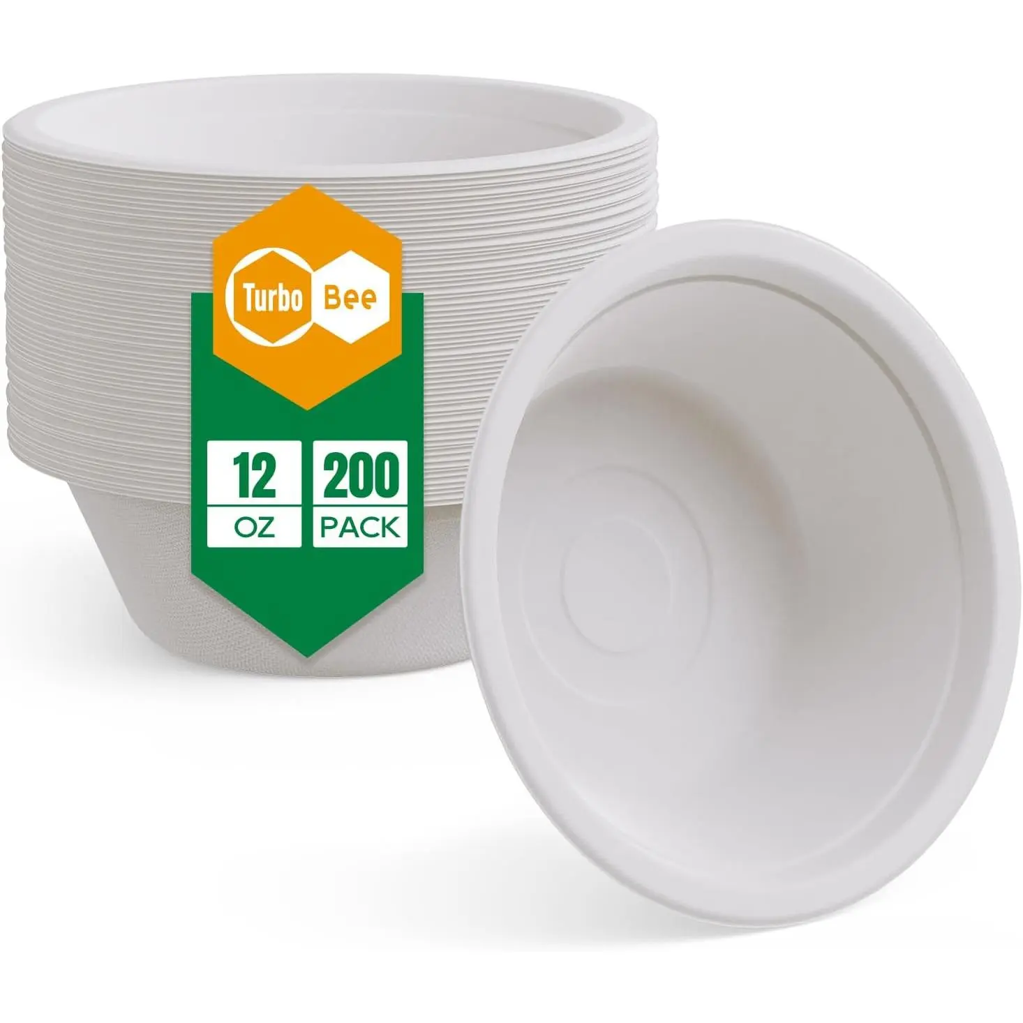 Turbo Bee 200-Pack 12 Oz Sturdy Thick Compostable Bagasse Fiber Bowls, Sustainable Heavy-Duty Disposable Bulk Tableware, Microwave-Safe Leak-Proof for Parties, Takeout, Everyday Meals