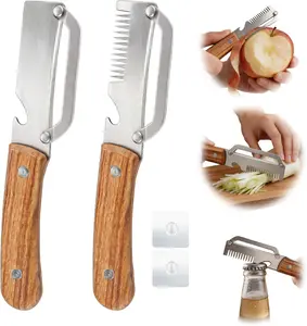 2Pcs Stainless Steel Thickened Fruit Peeler Knife & 2Pcs Hooks Kit, Multi-Functional Ultra-Sharp Blade with Wooden Handle and Bottle Opener, For Vegetables or Fruits that Need to Be Peeled