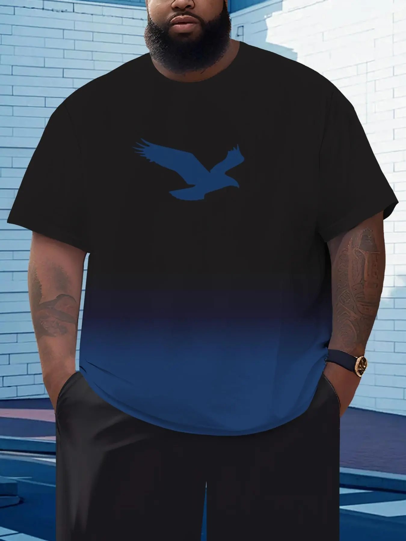 【Plus Size】 Bird Print Gradient Ombre Short Sleeve Tee, Regular Fit Casual Fashion Streetwear Round Neck T-shirt for Daily Wear, Men's Clothing for Summer