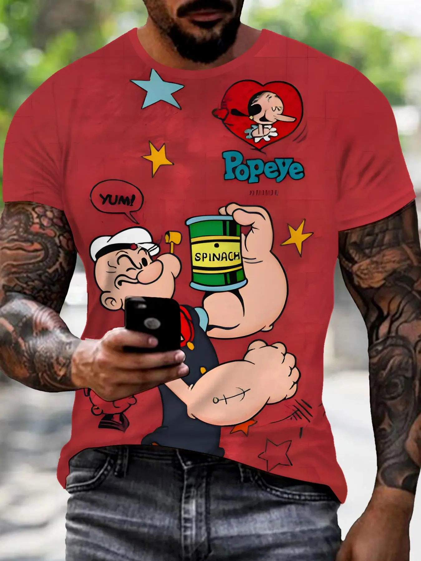 Popeye Printed Fitted T-Shirt Menswear Vintage Ventilated Short Sleeve Fashion Casual Comfort Design Perfect for Daily Wear Ideal Gift Choice