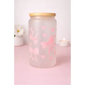 🎀 Pink Bows & Hearts Frosted Glass Cup