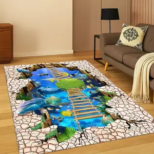 2D Illusion Ocean Bridge with Dolphins Flannel Area Rug - Oversized Soft Plush Mat for Living Room & Game Room, Non-Slip Optical Illusion Home Decor #2DIllusionRug #OpticalIllusionDecor #GameRoomCarpet #FlannelMat #NonSlipRug
