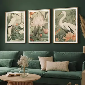 3pcs/set Unframed Chinese Vintage Tropical Jungle Gallery Wall Art, Plants, Birds, Lotus Printing, Canvas Poster, Modern Wall Decor Vintage Canvas Poster Decoration Printing, Mural Gifts, Bedroom Decoration
