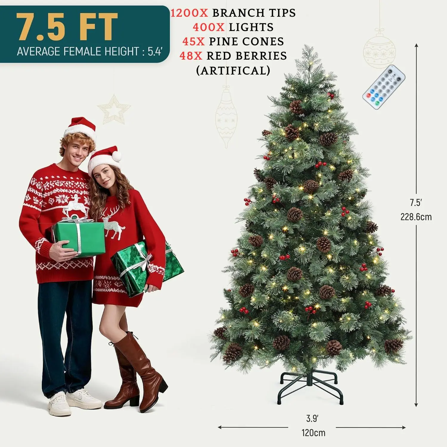 7.5FT Red Berry & Pine Cone