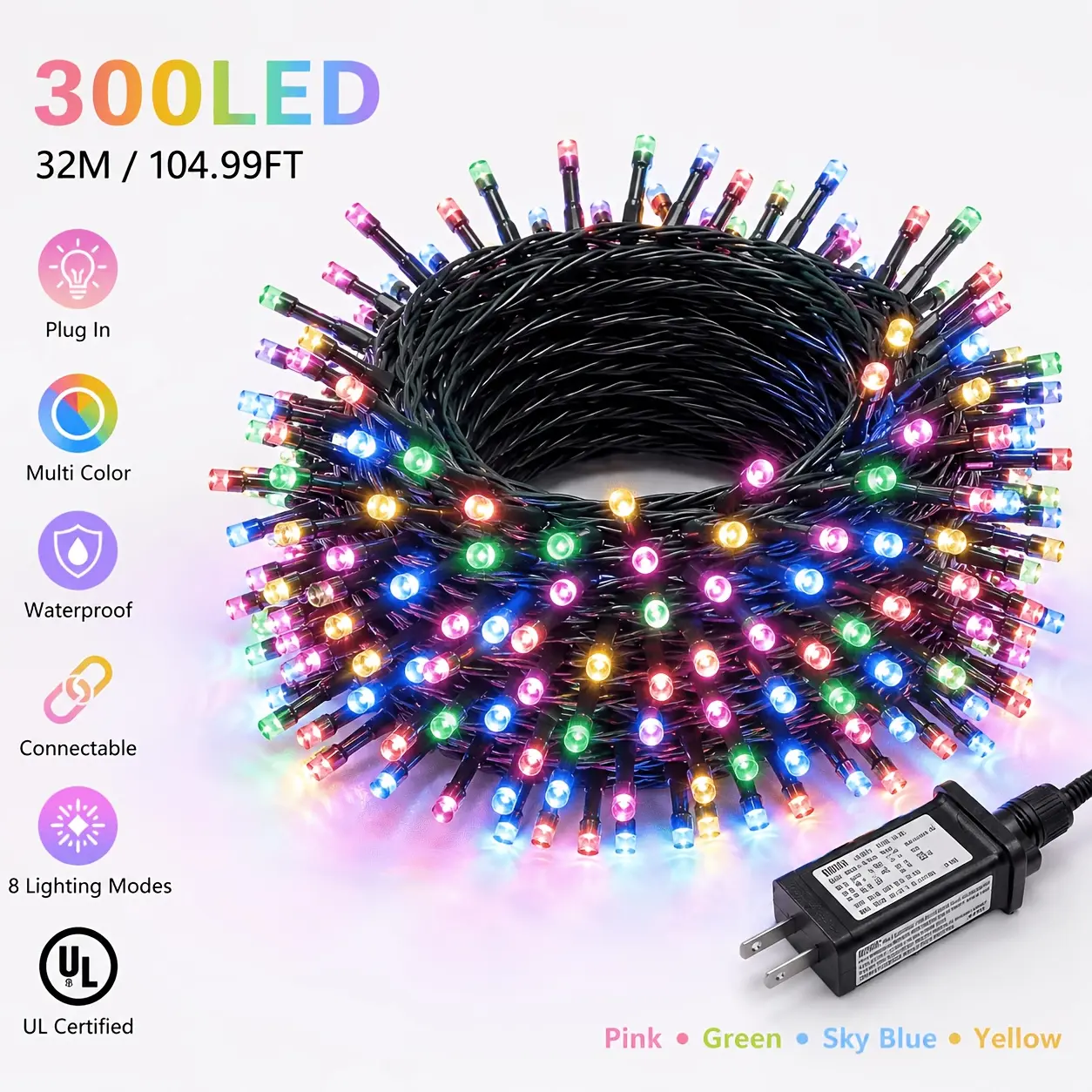 1-pack plug-in multicolor bare bulb lights, 32 m / 104.99 ft, 300 LEDs, 8 flashing modes, suitable for garden, courtyard, parties, and wedding decorations, Christmas string lights.