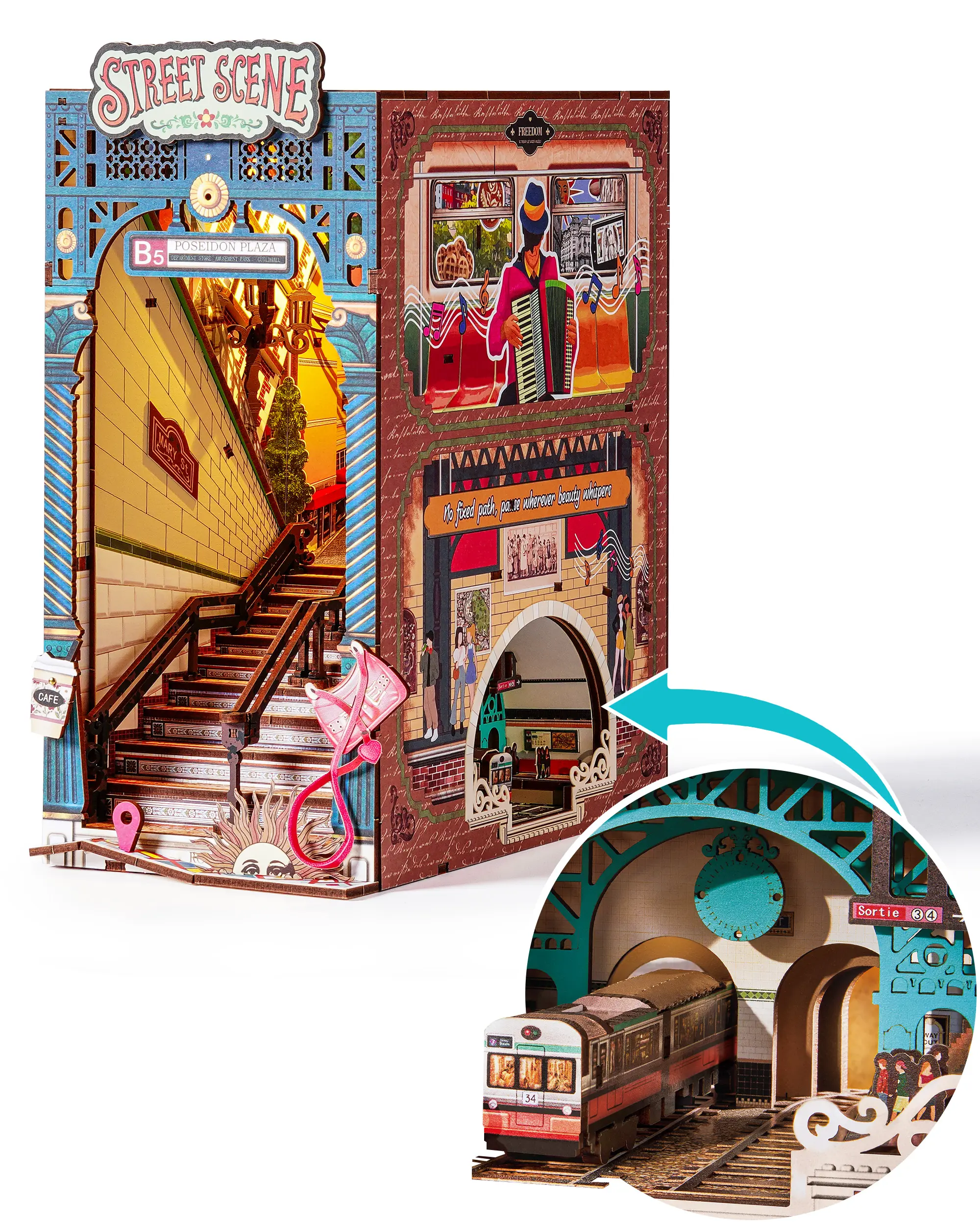Rolife Street Scene Book Nook Kits DIY 3D Wooden Puzzle for Adults 10" Subway Urban Street Scene Decorative Bookends Bookshelf Insert Creative Decor
