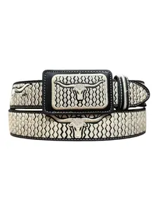 Western Style Embroidered Bull Cowboy Black Leather Belt Cinto Vaquero Bordado con Toro Cinto Charro Piteado