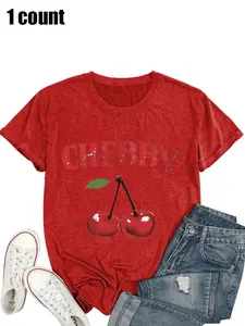 【Plus Size】Women's Plus Size Cherry Graphic T-Shirt - Round Neck, Short Sleeve, Fitted Y2K Womenswear for Summer Daily Casual Comfy Stretchy Wear Top