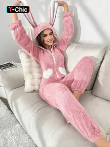 Women's Heart Pattern 3D Rabbit Ear Design Loungewear Hooded Onesie, Cute Zipper Long Sleeve Sleepwear, Casual Comfy Sleepwear for Fall & Winter