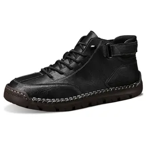 Men's High-Top Casual Leather Shoes: Adjustable Velcro Strap for Secure Fit, Exquisite Hand-Woven Stitching Detail, Soft Leather Upper & Non-Slip Sole, Retro Style Ideal for Daily Commute, Outdoor Strolls & Casual Gatherings