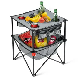 Landbound Portable Folding Table 20x20x24 Grey Lightweight Compact with 4 Cup Holders & Carry Bag for Beach Camping Picnics.