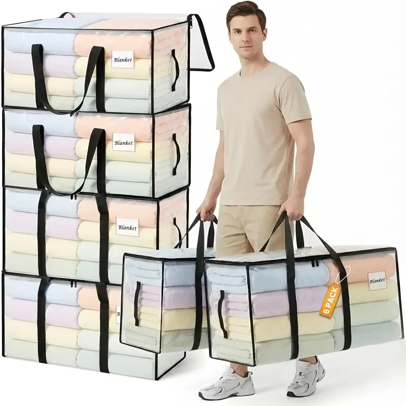 90L Heavy-Duty Moving Boxes and Clothing Storage Bags, 6pcs Set, Large Size Moving Bags with Lids and Backpack Shoulder Straps, Waterproof Storage Bags, Suitable for College Dorms, Camping, Holiday Decoration Storage, Transparent Style, Under-Bed