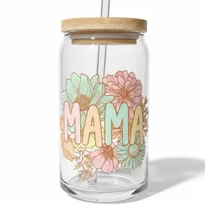Mama Mom Mother Glass Cup 16 oz with Lid and Straw Handmade Reusable Portable Drinkware Bottle Mug Perfect for Drinks Tumblers