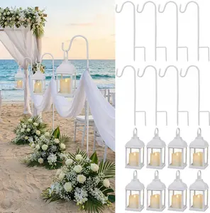 8 Sets Wedding Lantern Aisle Decoration Including 8 Pcs White Lantern with LED Candle and 8 Pcs 32'' High Shepherds Hooks for Outdoor Wedding Weddings Holiday Decoration