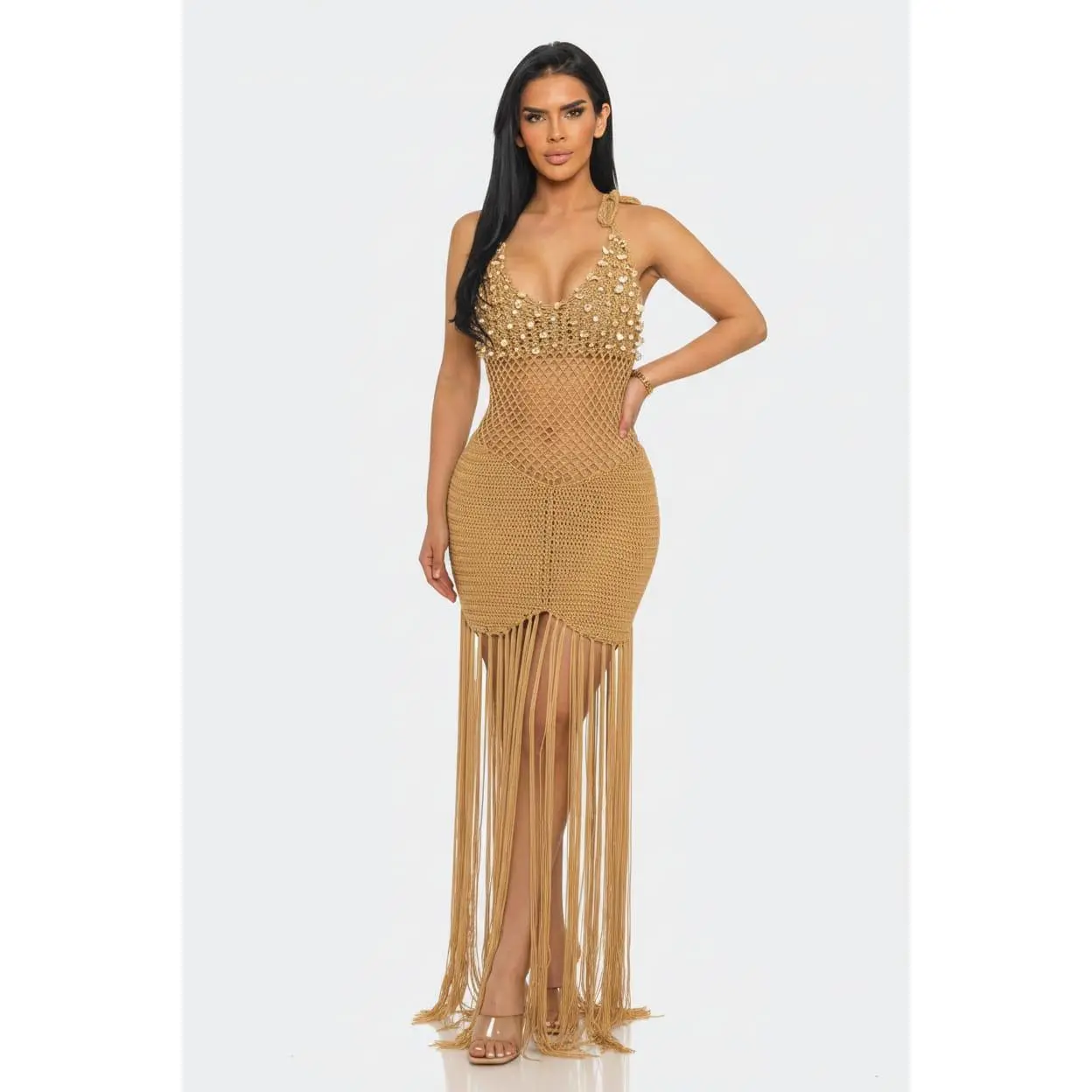 Gold Coin Crochet Fringe Maxi Dress