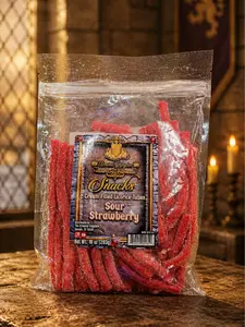 The Armored Kingdom Sour Strawberry Cream Filled Licorice Tubes - Sweet Sour Creamy Chewy Yummy Snack 10 oz Candy Flavor Bite Soft Bonbon