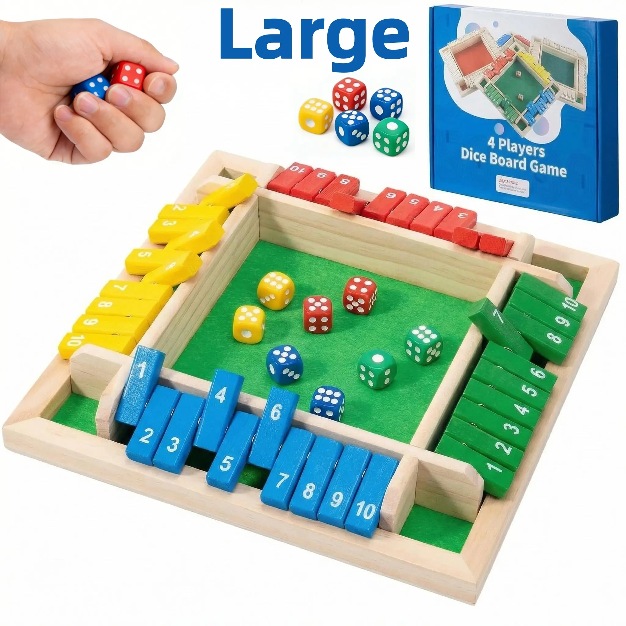 4-Player Wooden Shut The Box Dice Game - Classic Family Strategy Board Game for Kids & Adults, Educational Math Game with Colorful Dice, Portable Tabletop Fun for Parties, Travel & Family Game Night