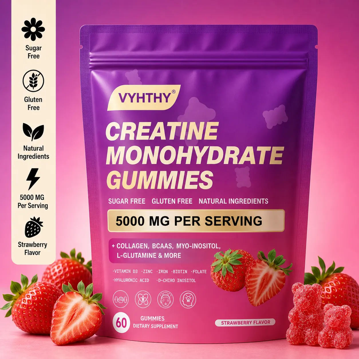 VYHTHY Women’s Creatine Gummies - Individual Packaged Daily Fitness Supplement for On-the-Go Use, Supports Energy, Cognitive Function, Nail Health & Post-Workout Muscle Recovery Collagen Boosting Gummies Lean Muscle Booster