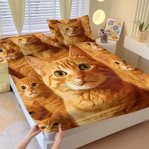 Fun Orange Cat Pattern Bedding Set, A 3-Piece Cute Animal Print Fitted Sheet Set (Including 1 Fitted Sheet and 2 Pillowcases), Perfect for Cat Lovers Or for Decorating Children'S and Adult Bedrooms. Soft and Skin-Friendly.