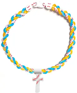 Tornado 3 Rope Necklace Baseball Stitch Clasp Light Blue Yellow White + White Cross