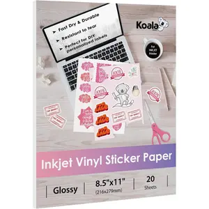 Koala Printable Vinyl Sticker Paper for Inkjet Printers - 20 Sheets Glossy White Water-Resistant Adhesive Label Paper - 8.5x11 Inch, Tear-Resistant, Removable