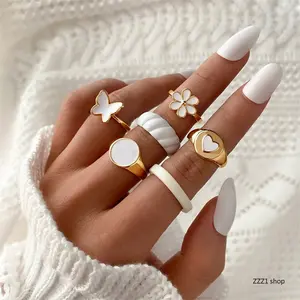 Women's Gold-White Stacking Rings Set, Dainty Enamel Butterfly-Daisy Hollow Heart Plain Signet Knuckle Jewelry Gift for Sports & Outdoor Accessory Enthusiasts