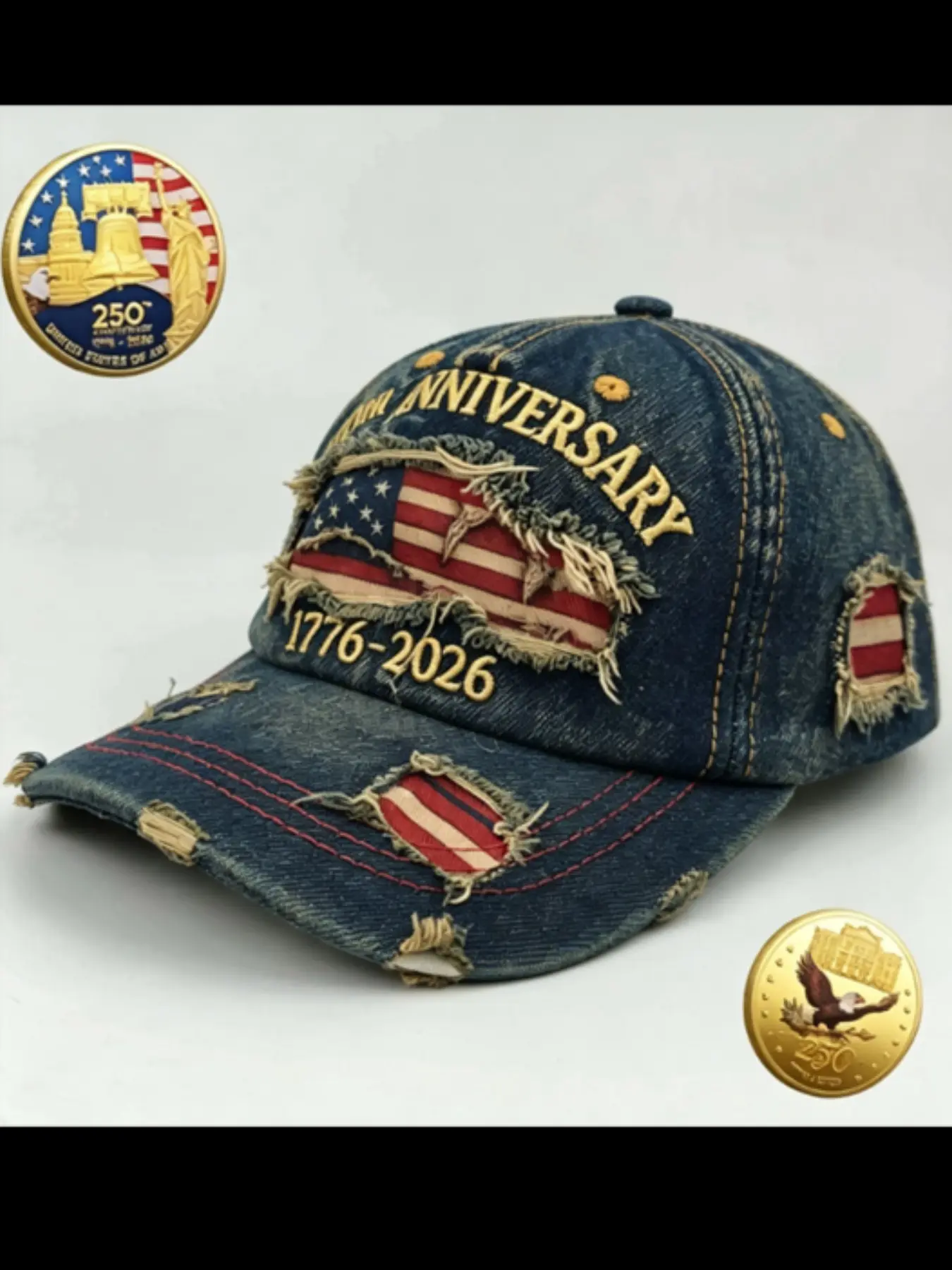 Patriotic Memorial Set, Embroidered Denim Baseball Cap and Coin, Adjustable Snapback Cap, 250th Anniversary Independence Day Gift, Collector's Choice