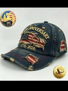 Patriotic Memorial Set, Embroidered Denim Baseball Cap and Coin, Adjustable Snapback Cap, 250th Anniversary Independence Day Gift, Collector's Choice