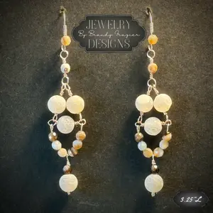 Earring Handmade hypoallergenic rose gold wire wrapped Beaded drop dangle elegant wedding design extra long chandelier lace agate, white, brown, and tan agate