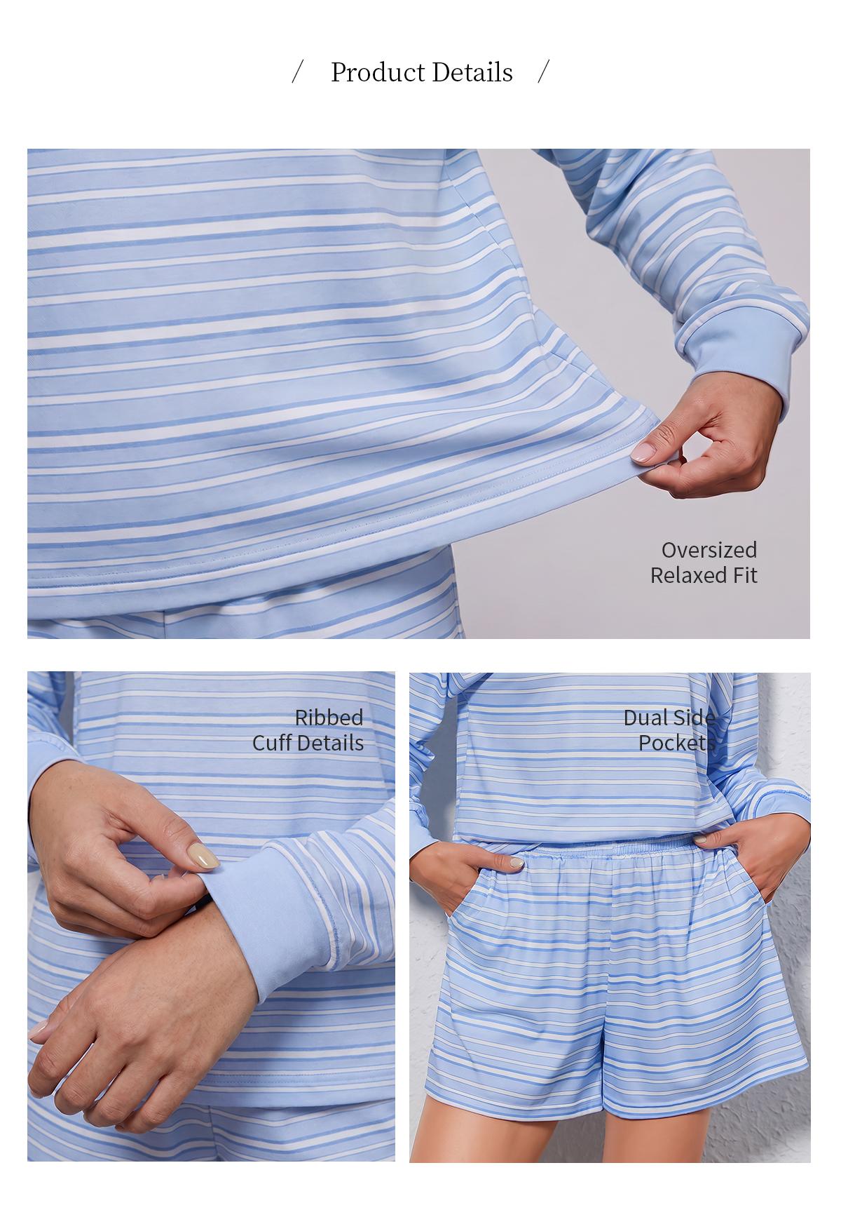 Chicovar Women's Striped Lounge Set, Oversized Long Sleeve Crewneck Top and Shorts Matching Set, Casual Relaxed Fit Two Piece Outfit, Comfy Everyday Loungewear #sohochic