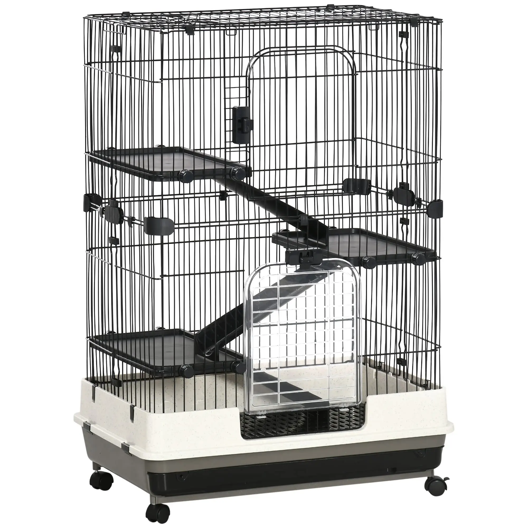 Small Animal Metal Frame Playpen Hutch with Wheels, Removable Tray, Platform, Ramp, Safe Bars & Easy Access for Bunnies, Chinchillas