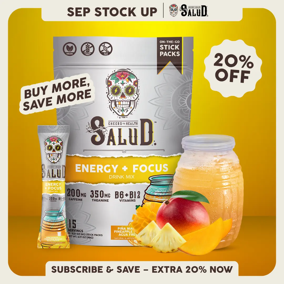 Salud 2-in-1 [Energy + Focus - Piña Mango] Clean Energy Drink Mix, Agua Fresca, Organic Caffeine (200mg), L-Theanine (350mg), B6 & B12, Non-GMO, Gluten Free, Vegan, Low Calorie, 1g Sugar (15 Servings)