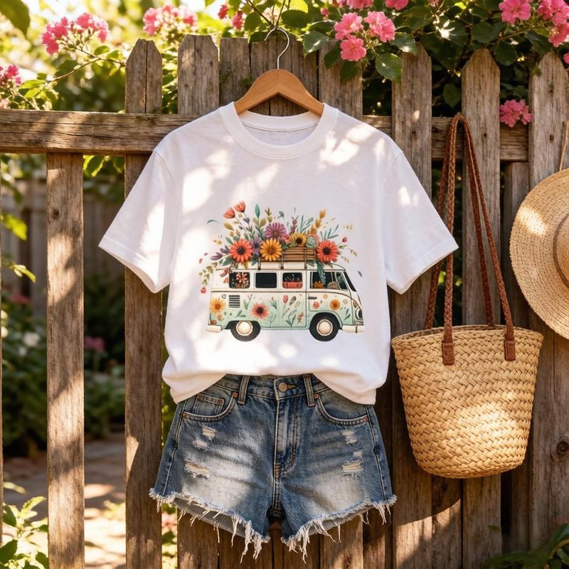 Women's Plus Size Comfortable Cotton Casual T-Shirt - Retro Boho Hippie Crew Neck, Short-Sleeve Loose-Fit Streetwear Top, Single-Sided Watercolor Floral Wildflowers Camper Van Print (L, Sohochic Fabric)