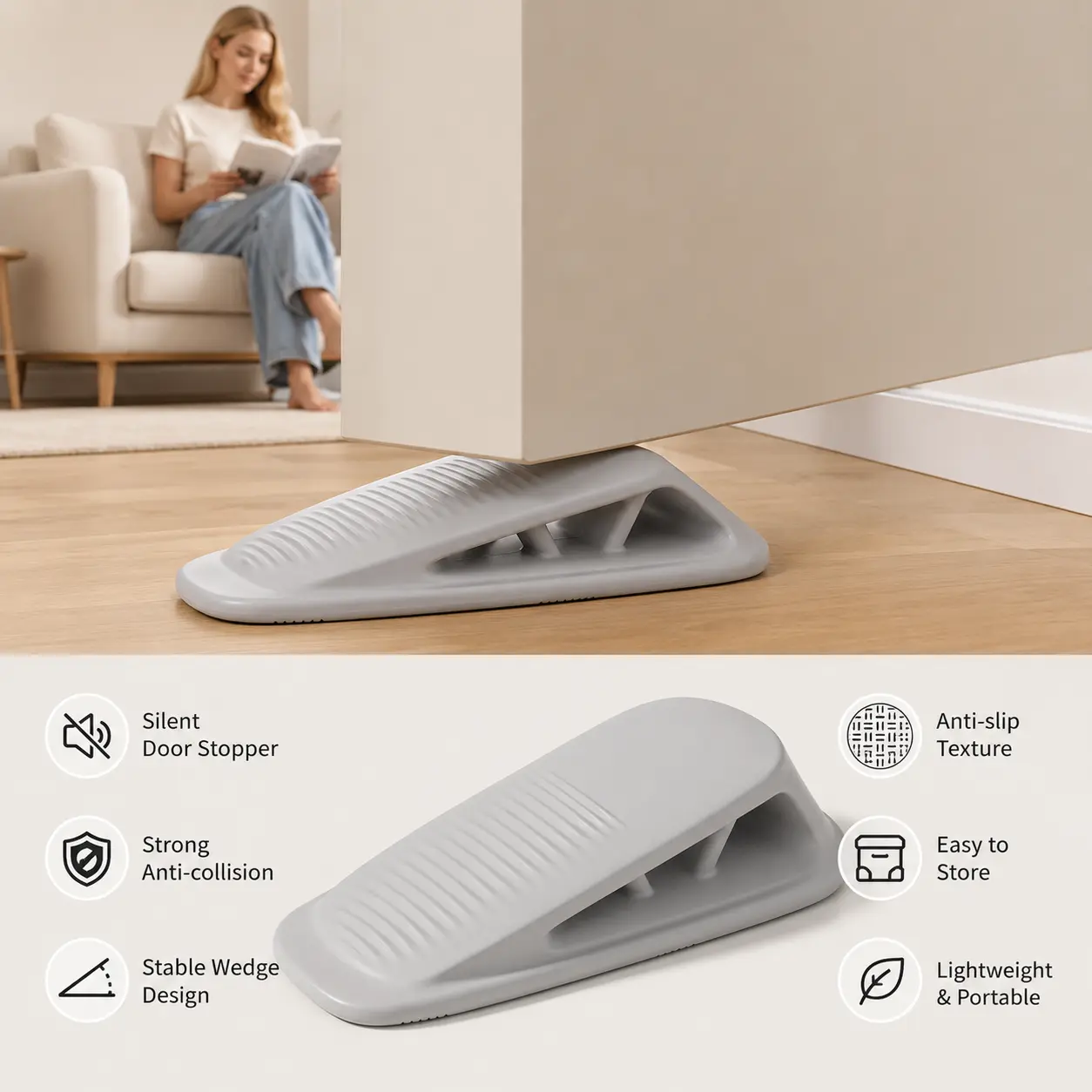 1 Count Door Stopper, Double-sided Anti-slip Texture Slope Design Silent Anti-collision Door Wedge for Household Indoor Door Use