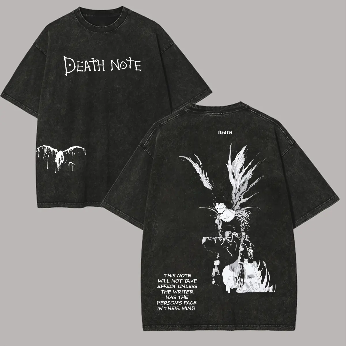 Men's Death Note Cotton T-Shirt - Vintage Distressed Anime Graphic Print, Round Neck, Oversized Fit, Short Sleeves, Figure-Fitted Design, Cute, Shortsleeve, Casual, Menswear, Tops, Distressed Print, All Seasons, Crew Neck