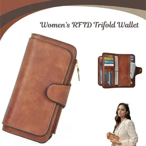 Women’s RFID Wallet Trifold – Large Capacity Leather Clutch, Multi Card Holder Organizer, Vintage Ladies Purse Brown