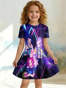 Sweet Cool Gaming Style Kids' Dress, Huntrx Anime Trio Full Print Casual Dress, Short Sleeve Knee Length Fitted One-Piece
